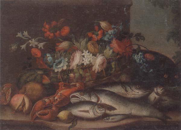 unknow artist Still life of a basket of flowers,fruit,lobster,fish and a cat,all upon a stone ledge Sweden oil painting art